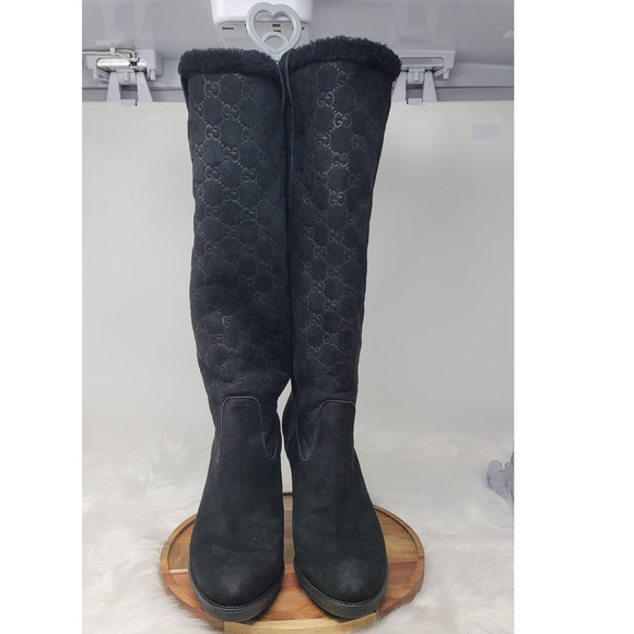 GUCCI AUTHENTIC BLACK SUEDE GUCCISSIMA KNEE-HIGH BOOTS SIZE 10 B - Picture 1 of 13